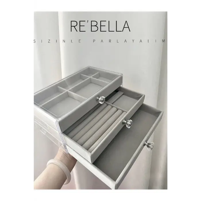 3 Çekmeceli Bölmeli Şeffaf Takı Kutusu | Mücevher Saklama Kutusu | Gri Renk Seçeneği 13x23x10