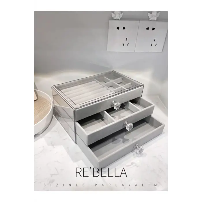 3 Çekmeceli Bölmeli Şeffaf Takı Kutusu | Mücevher Saklama Kutusu | Gri Renk Seçeneği 13x23x10