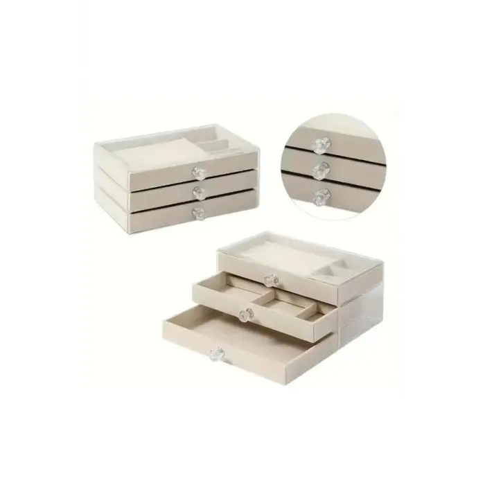 3 Çekmeceli Bölmeli Şeffaf Takı Kutusu | Mücevher Saklama Kutusu Krem Renk Seçeneği