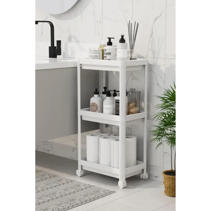 3 Katlı Banyo Raf Ünitesi (PEGGY) Beyaz Banyo Düzenleyici Şampuanlık Havluluk Dolap(BEYAZ)