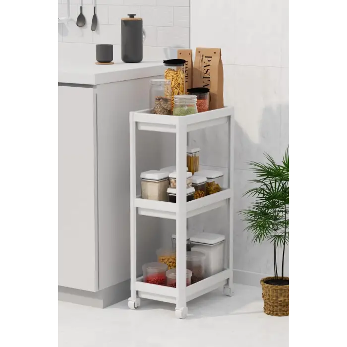 3 Katlı Banyo Raf Ünitesi (PEGGY) Beyaz Banyo Düzenleyici Şampuanlık Havluluk Dolap(BEYAZ)