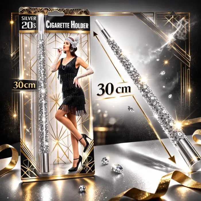 30 cm Gümüş Payetli Sigara Tutacağı – 1920’ler Gatsby Parti Aksesuarı