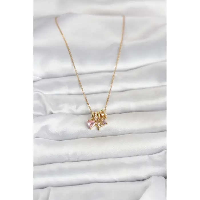 316L Çelik Gold Pembe Zirkon Taşlı Charmlı Kadın Kolye