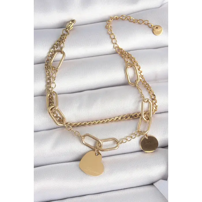 316L Çelik Gold Renk 2Li Zincir Model Sallantı Kalp Figür Kadın Bileklik