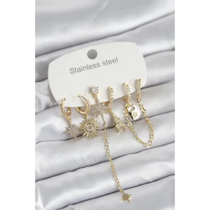 316L Çelik Gold Renk 6lı Set Charmlı Kadın Küpe