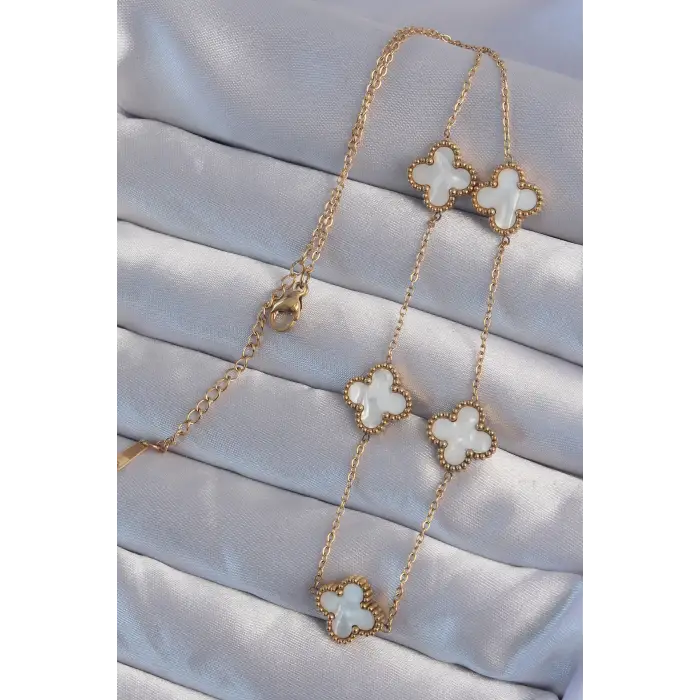 316L Çelik Gold Renk Beyaz Sedefli Yonca Kolye