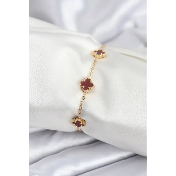 316L Çelik Gold Renk Bordo Baby Boy Yonca Kadın Bileklik