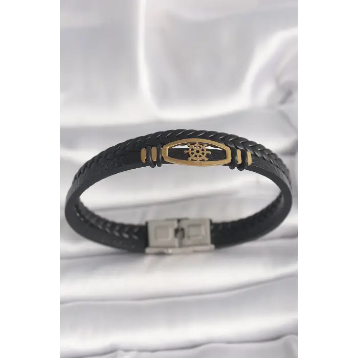 316L Çelik Gold Renk Gemi Dümen Figür Siyah Renk Çift Sıra Burgu Desenli Deri Kordon Erkek Bileklik
