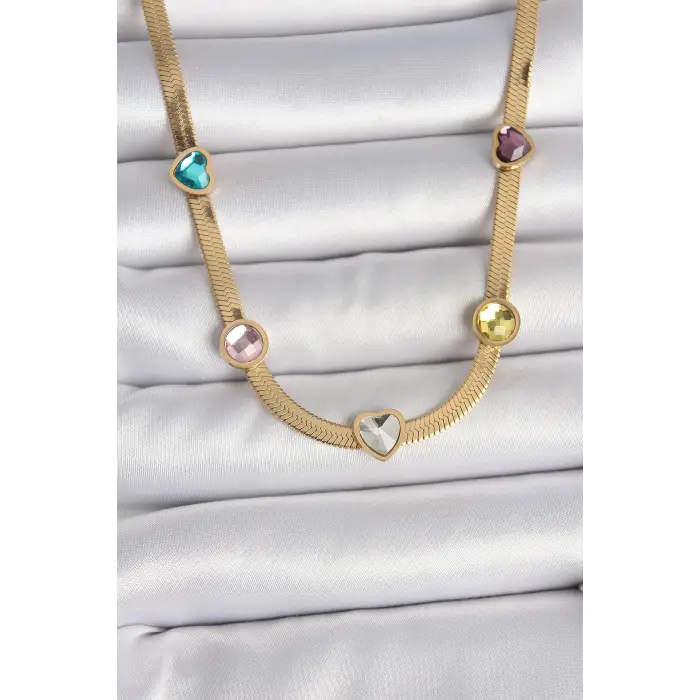 316L Çelik Gold Renk İtalyan Zincir Renkli Zirkon Taşlı Kalp Figür Kadın Kolye