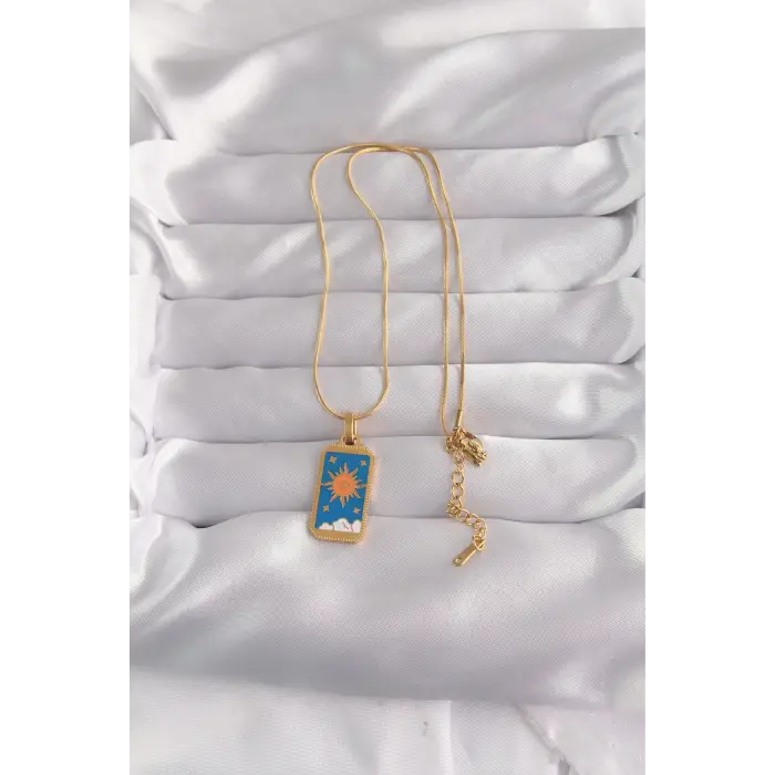 316L Çelik Gold Renk Mavi Mineli Güneş Model Tarot Kolye