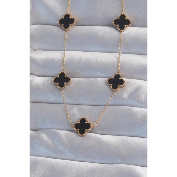 316L Çelik Gold Renk Siyah Mineli Yonca Kolye