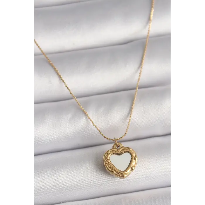 316L Çelik Gold Renk Zincir Sedefli Kalp Model Kadın Kolye