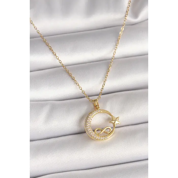 316L Çelik Gold Renk Zincir Zirkon Taşlı Ay Yıldız Model Sonsuzluk Detay Kadın Kolye