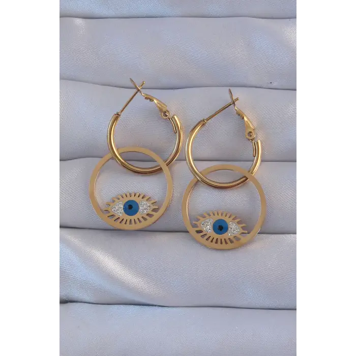 316L Çelik Gold Renk Zirkon Taşlı Mavi Göz Tasarımlı Halka Küpe