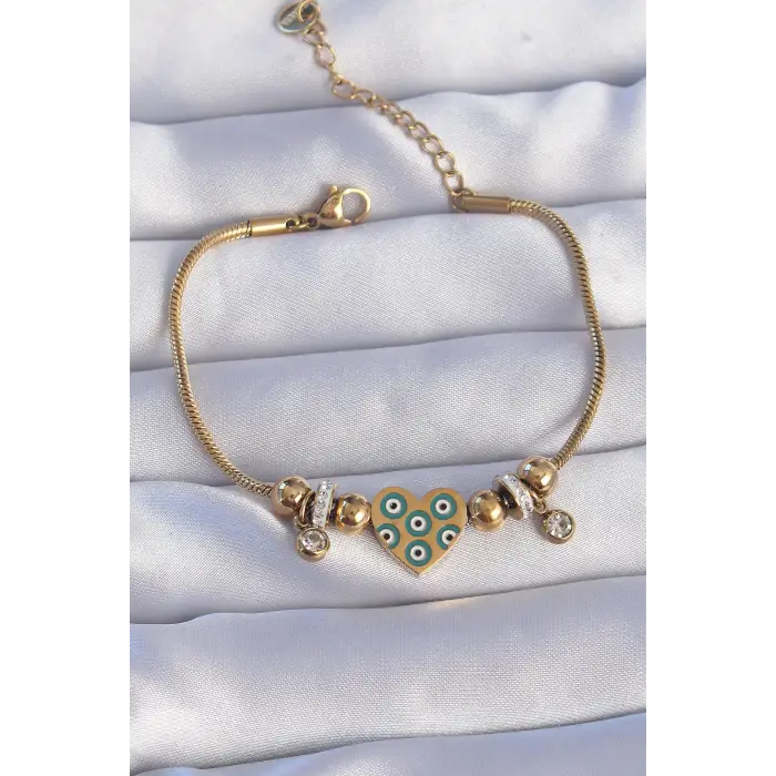 316L Çelik Gold Renk Zirkon Taşlı Nazarlı Kalp Tasarımlı Bileklik