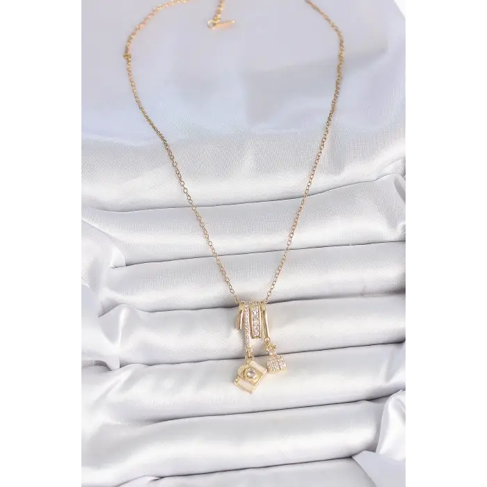 316L Çelik Gold Renk Zirkon Taşlı Sallantı Fotoğraf Makinası Figür Charm Kadın Kolye