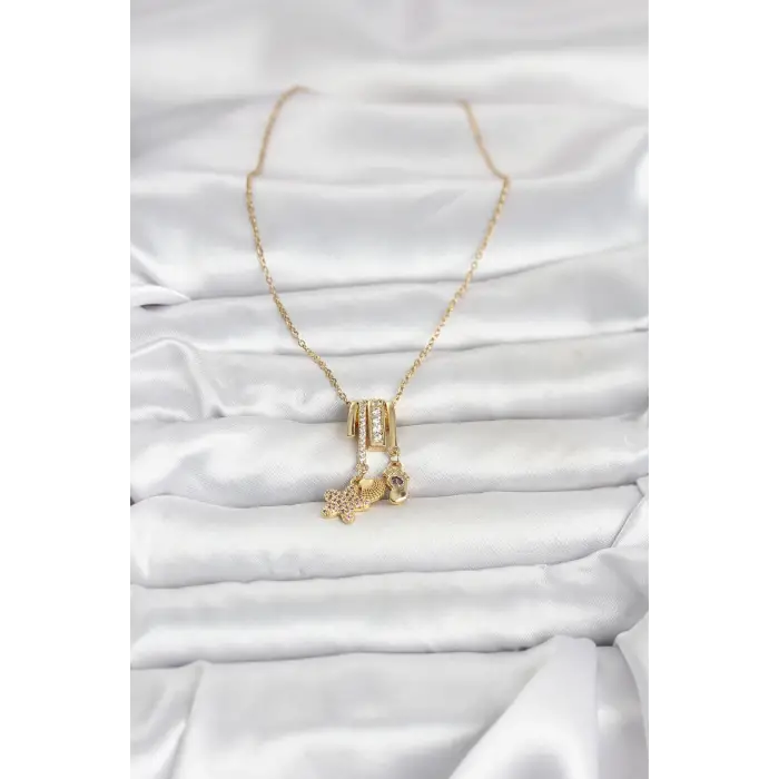 316L Çelik Gold Zirkon Taşlı Deniz Tema Charmlı Kadın Kolye