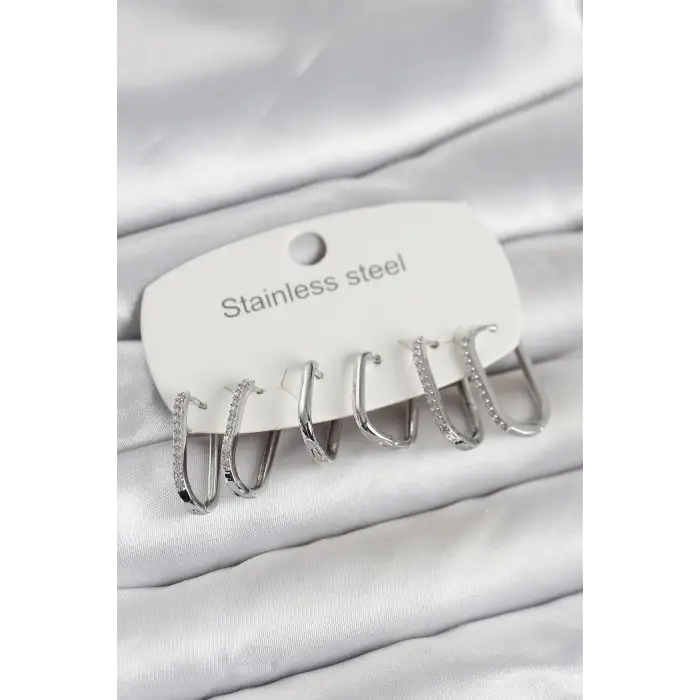 316L Çelik Gümüş Renk 6lı Set Geometrik Model Kadın Küpe