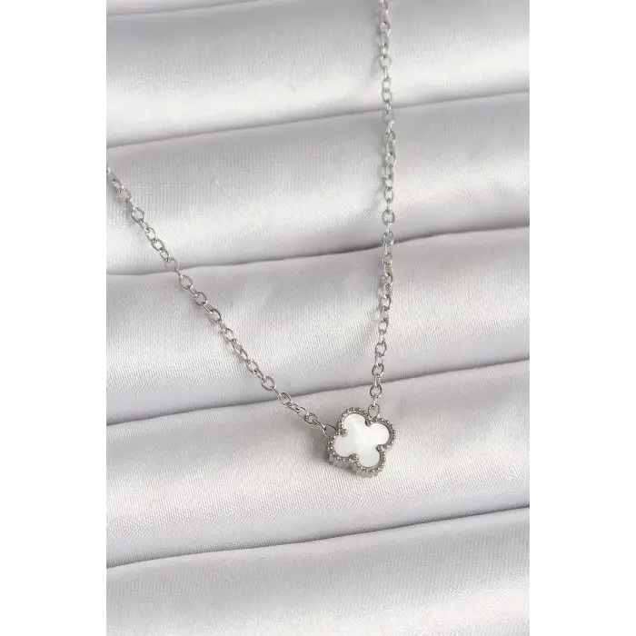 316L Çelik Gümüş Renk Beyaz Yonca Model Kadın Kolye