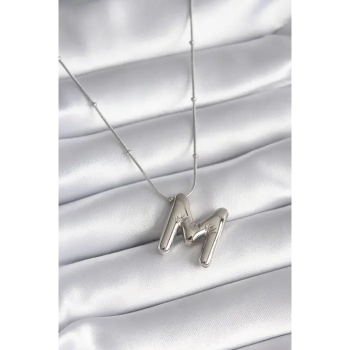 316L Çelik Gümüş Renk Bubble M Harf Model Kadın Kolye