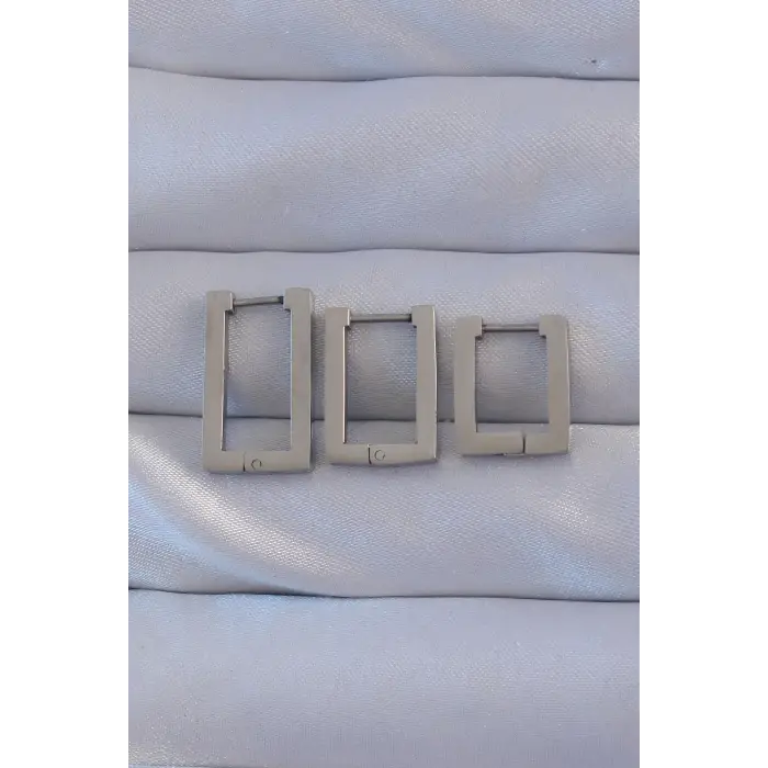 316L Çelik Gümüş Renk Dikdörtgen Küpe Seti