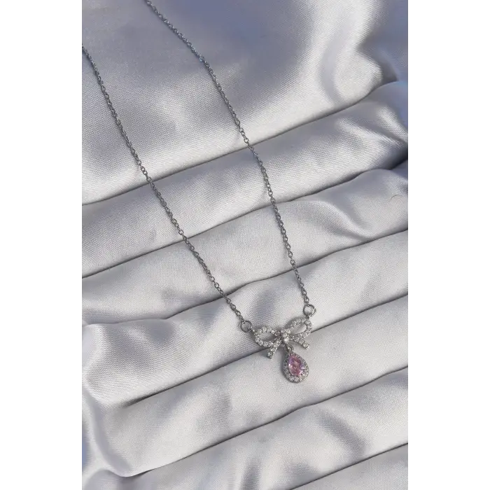 316L Çelik Gümüş Renk Fiyonk Detay Pembe Zirkon Taşlı Damla Kolye