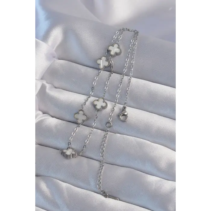 316L Çelik Gümüş Renk Minimal Beyaz Sedefli Yonca Kolye