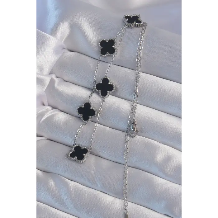 316L Çelik Gümüş Renk Siyah Mineli Yonca Kolye