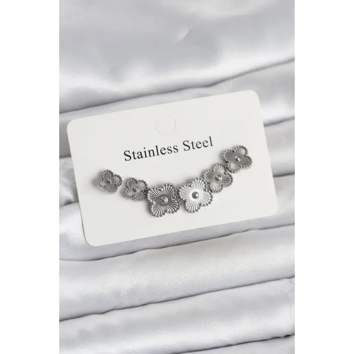 316L Çelik Gümüş Renk Yonca Küpe Seti