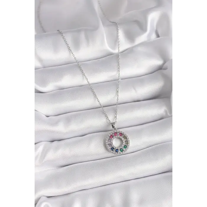 316L Çelik Gümüş Renk Zincir Renkli Zirkon Taşlı Madalyon Model Kadın Kolye