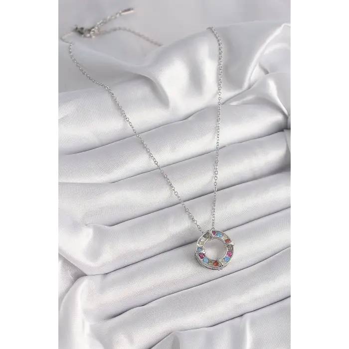 316L Çelik Gümüş Renk Zincir Renkli Zirkon Taşlı Xoxo Model Kadın Kolye