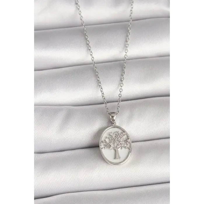 316L Çelik Gümüş Renk Zincir Zirkon Taş İşlemeli Beyaz Mineli Ağaç İşlemeli Portre Model Kadın Kolye