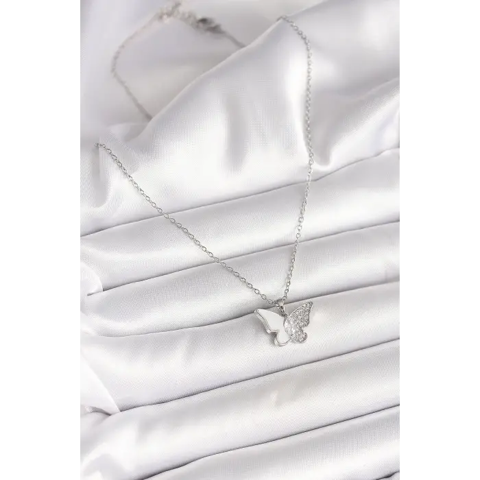 316L Çelik Gümüş Renk Zincir Zirkon Taşlı Beyaz Mineli Kelebek Model Kadın Kolye