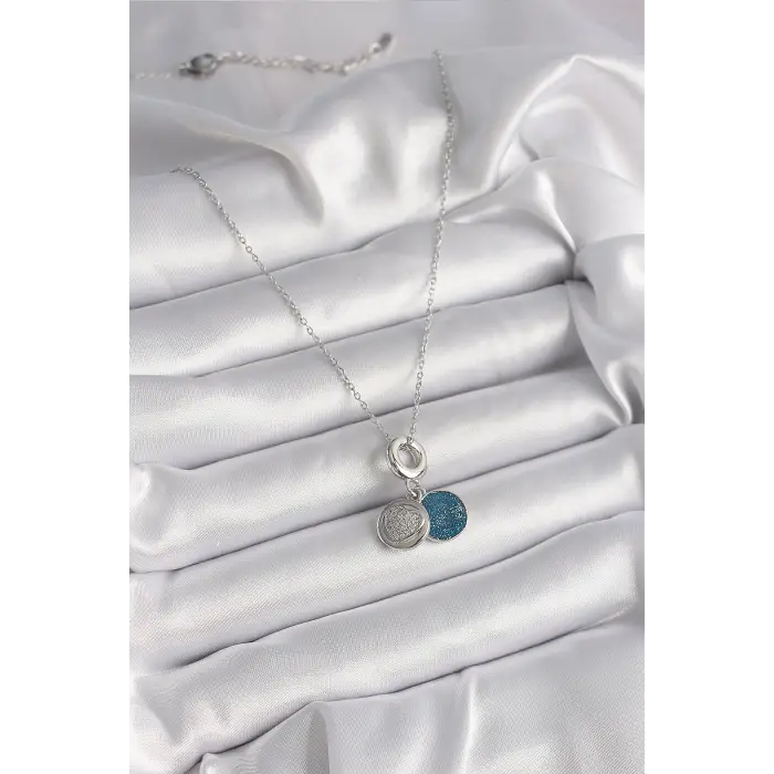316L Çelik Gümüş Renk Zincir Zirkon Taşlı İşleme Mavi Simli Kadın Kolye