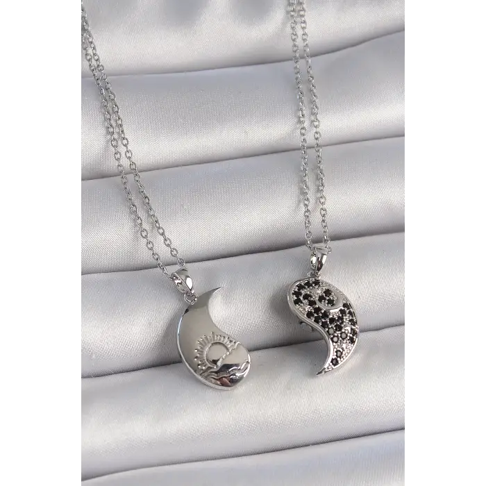 316L Çelik Gümüş Renk Zincir Zirkon Taşlı Ying Yang Model Gün Batımı İşlemeli Arakdaşlık Kadın Kolye