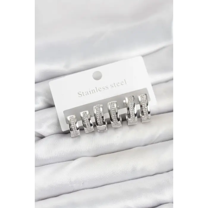 316L Çelik Gümüş Renk Zirkon Taşlı Halka Küpe Seti