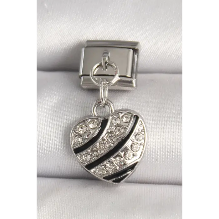 316L Çelik Gümüş Renk Zirkon Taşlı Kalp Model Nomination Charm