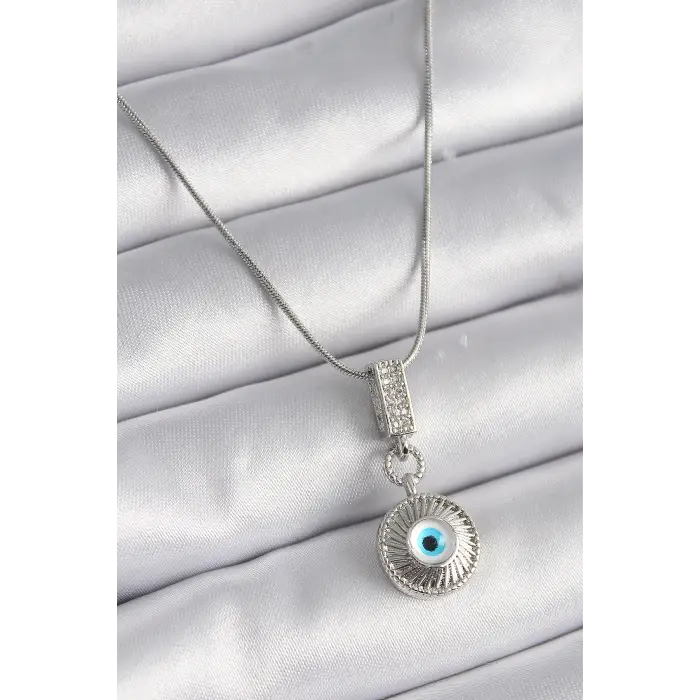 316L Çelik Gümüş Renk Zirkon Taşlı Nazar Boncuk Model Kadın Kolye