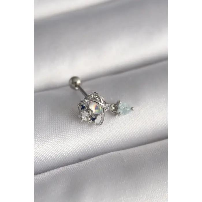 316L Çelik Gümüş Renk Zirkon Taşlı Sallantı Kalp Detay Tragus Piercing