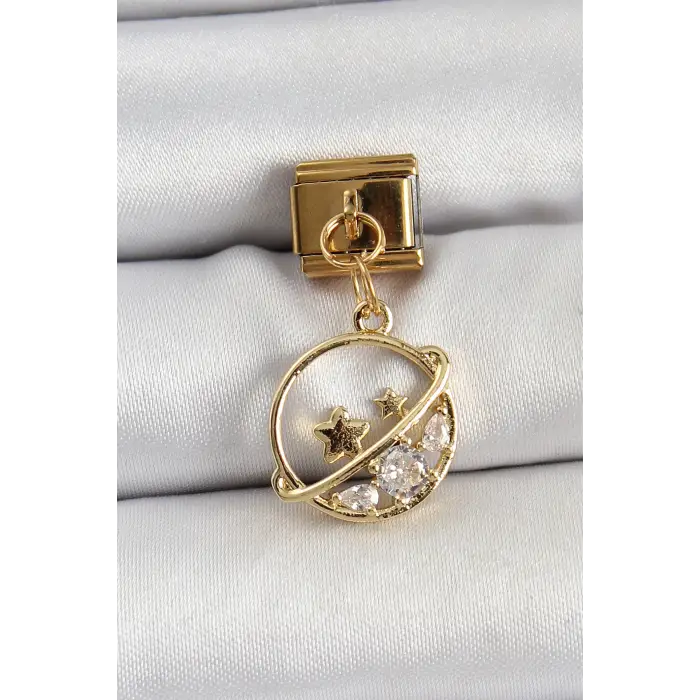 316L Çelik Sallantılı Zirkon Taşlı Satürn Model Gold Renk Nomination Charm