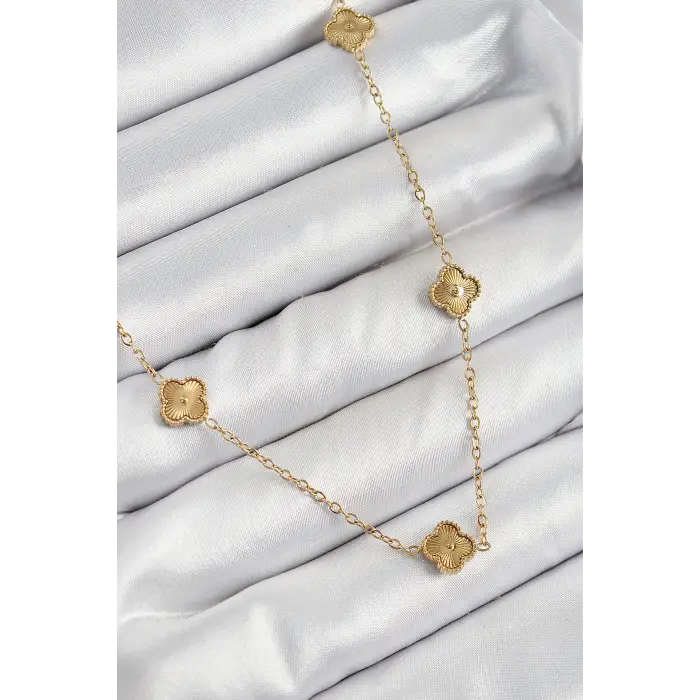 316L Çelik Yonca Model Gold Renk Kadın Kolye