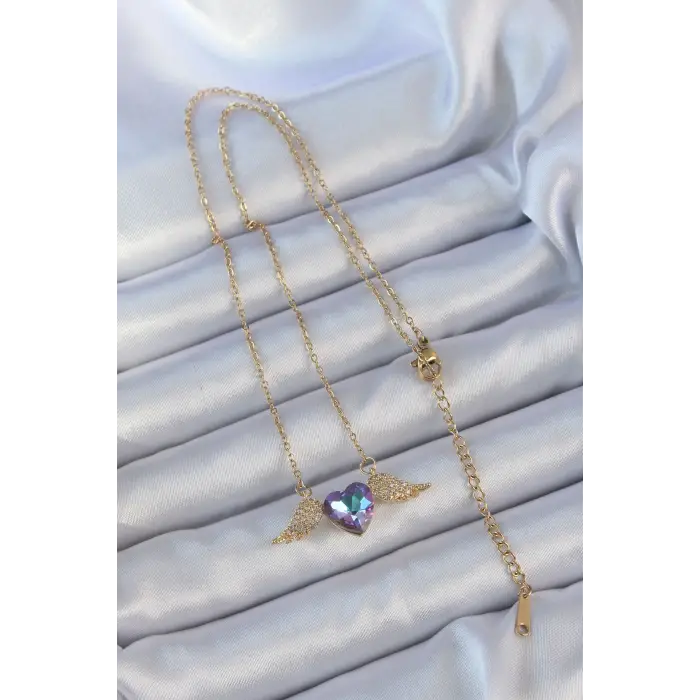 316L Çelik Zincir Altın Renk Mavi Mor Zirkon Taşlı Kanatlı Kalp Kolye