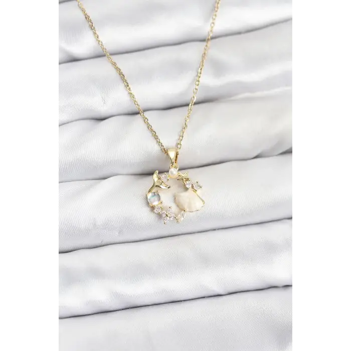 316L Çelik Zincir Gold Renk Deniz Tema Model Zirkon Taşlı Kadın Kolye