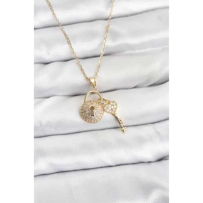 316L Çelik Zincir Gold Renk Kilit Anahtar Model Zirkon Taşlı Kadın Kolye