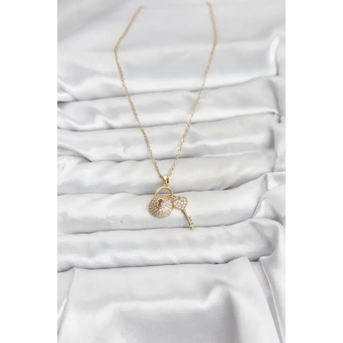 316L Çelik Zincir Gold Renk Kilit Anahtar Model Zirkon Taşlı Kadın Kolye