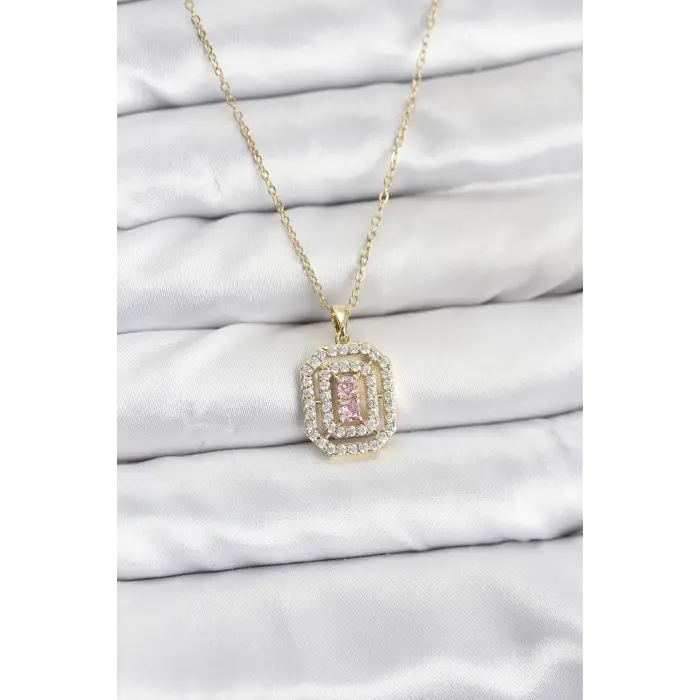 316L Çelik Zincir Gold Renk Plaka Model Zirkon Taşlı Kadın Kolye