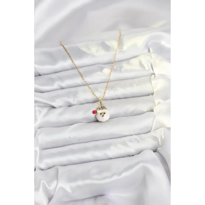 316L Çelik Zincir Gold Renk Şapkalı Kardan Adam Kafası Model Yılbaşı Temalı Kadın Kolye