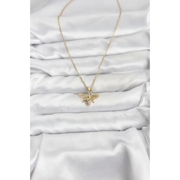 316L Çelik Zincir Gold Renk Sinek Model Zirkon Taşlı Kadın Kolye