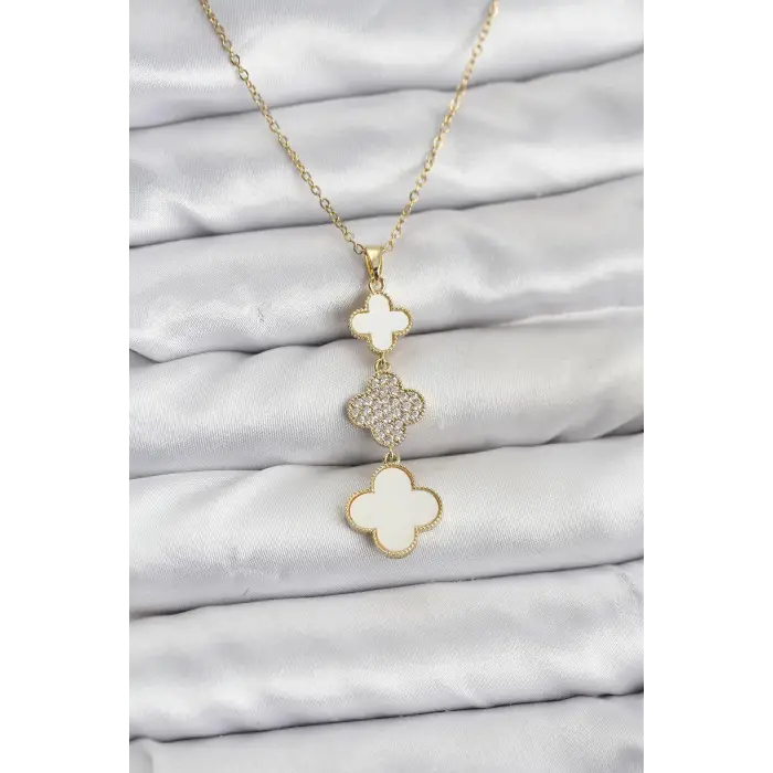 316L Çelik Zincir Gold Renk Yonca Detaylı Zirkon Taşlı Kadın Kolye