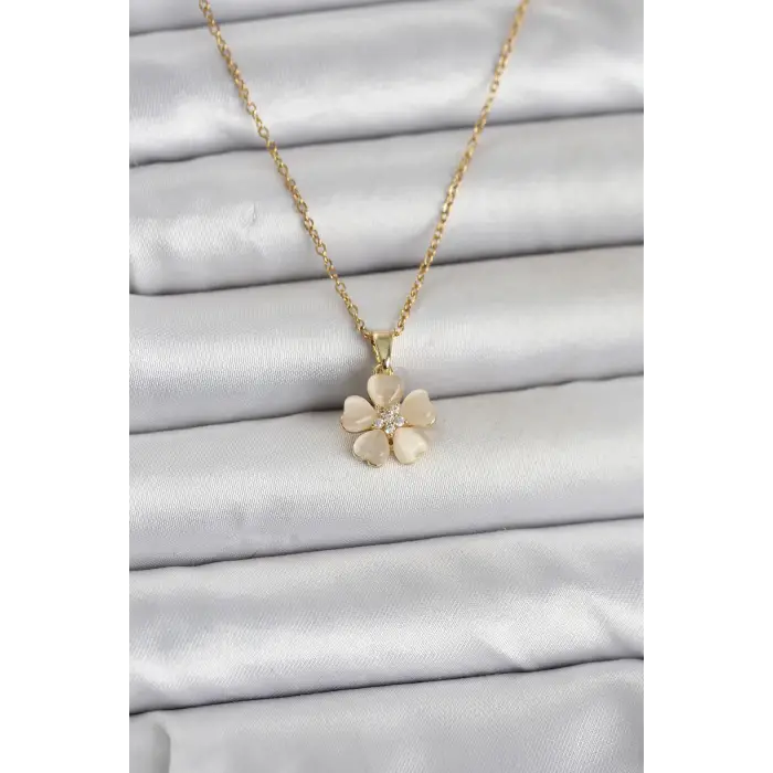 316L Çelik Zincir Gold Renk Yonca Model Kadın Kolye